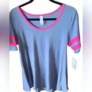 Lularoe small slate blue & hot pink perfect tee. Varsity pink stripes &‎ trim.